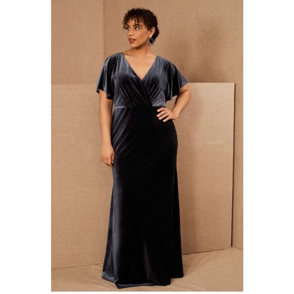 Jenny Yoo Ellis Velvet Maxi Dress Women 20 Blue Flutter Sleeve Bridesmaid Formal - Picture 1 of 16